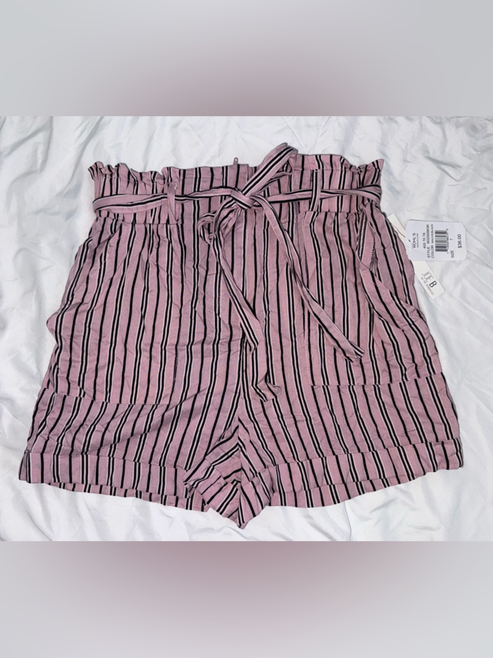 Joe Benbasset Pink and Black Striped Paper bag Waist Shorts